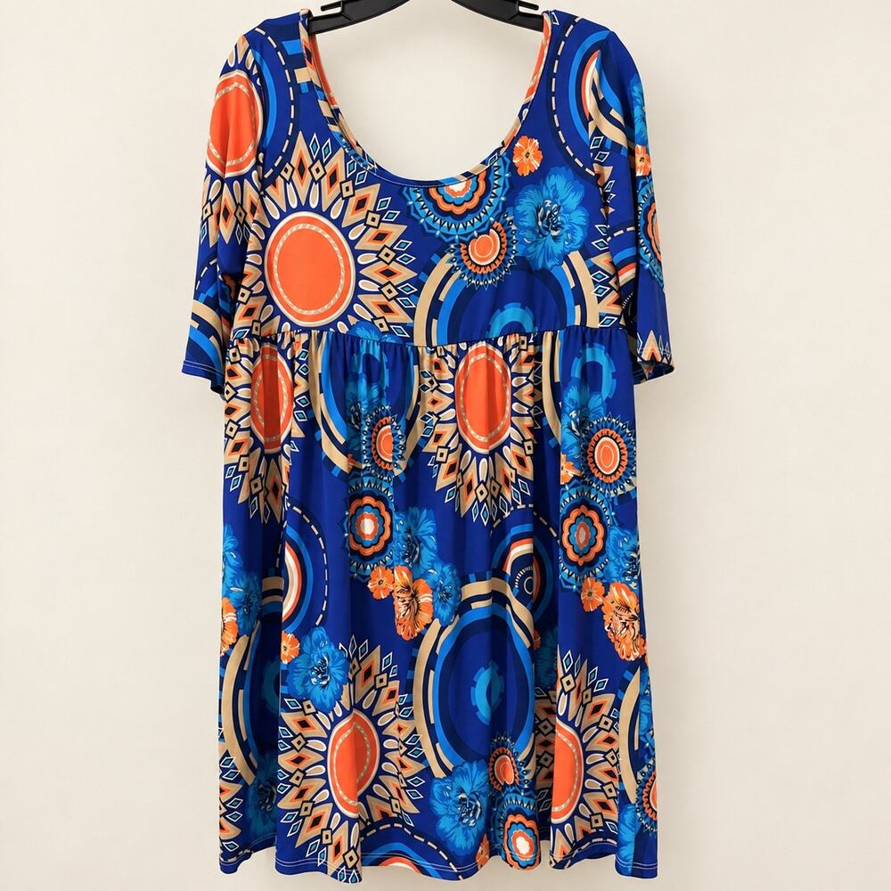 MOA USA 2X Blue Orange Abstract Geometric Floral Empire Waist Dress Plus